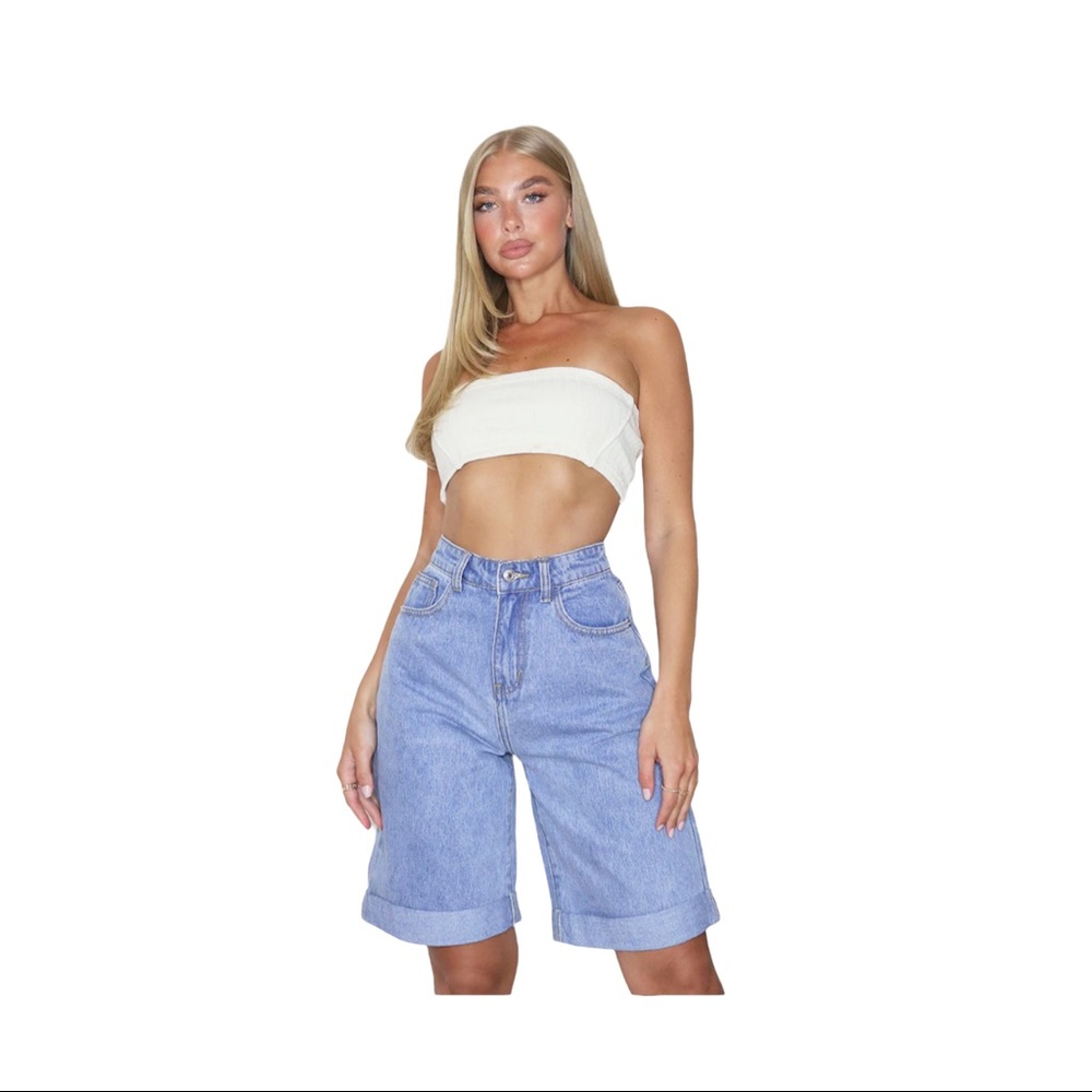 Vintage Wash Denim Longline Tun Up Boyfriend Shorts-Size4